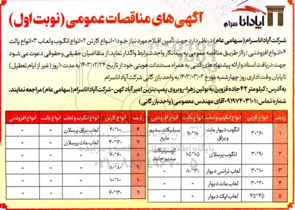 مناقصه تامین انواع کارتن، انواع انگوب و لعاب و....