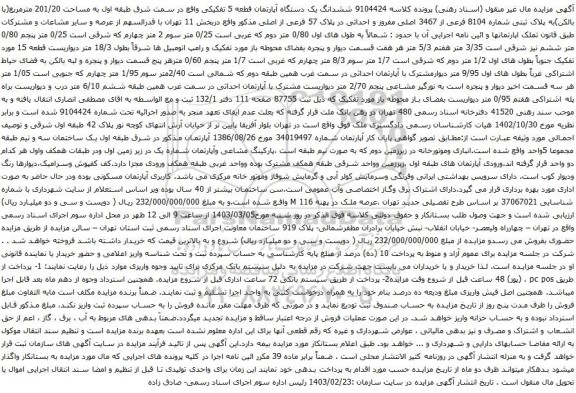 آگهی مزایده ششدانگ یک دستگاه آپارتمان قطعه 5 تفکیکی واقع در سمت شرق طبقه اول به مساحت 201/20 مترمربع