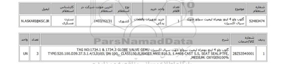 استعلام، گلوب ولو 4 اینچ بهمراه لیمیت سوئچ جهت سیال اکسیژن