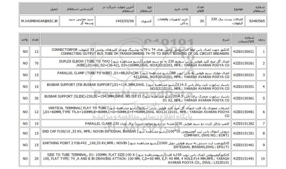 استعلام، اتصالات پست برق 230 کیلوولت