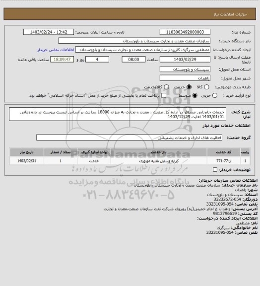 استعلام خدمات جابجایی مسافر در اداره کل صنعت ، معدن و تجارت به میزان 18000 ساعت بر اساس لیست پیوست در بازه زمانی 1403/01/01 لغایت 1403/12/29