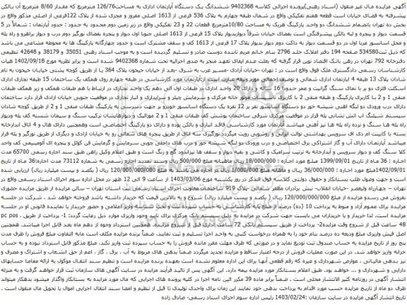 آگهی مزایده ششدانگ یک دستگاه آپارتمان اداری به مساحت126/76 مترمربع که مقدار 8/60 مترمربع