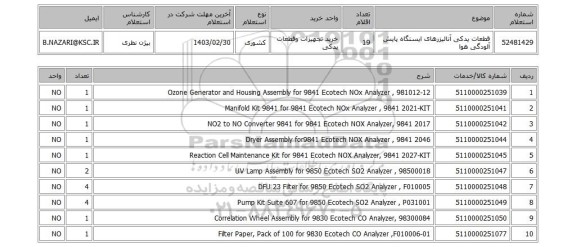 استعلام، قطعات یدکی آنالیزرهای ایستگاه پایش آلودگی هوا