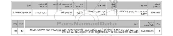 استعلام، مقره جهت الکتروموتور 1033KW / 6.6KV