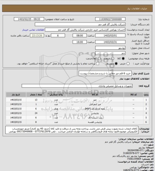 استعلام خرید 6 قلم میز 
مطابق با شرح و مشخصات پیوست