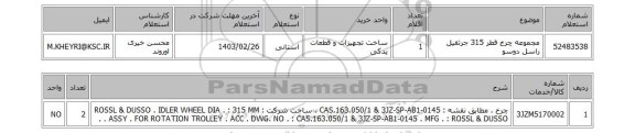 استعلام، مجموعه چرخ قطر 315 جرثقیل راسل دوسو