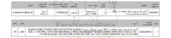 استعلام، کابل برق فستونی قابل انعطاف 1 در 185 میلیمتر مربع (آرشیو دارد)