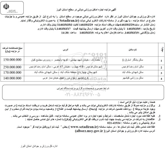 مزایده اجاره اماکن ورزشی دولتی