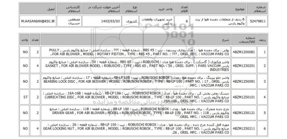 استعلام، 6 ردیف از متعلقات دمنده هوا از برند وکیوم پارس