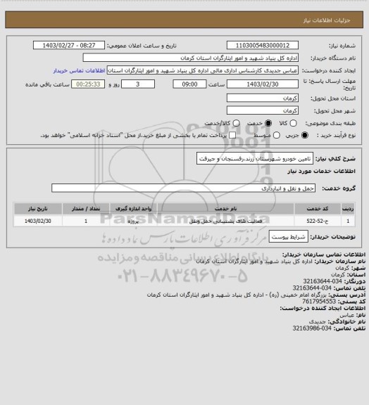 استعلام تامین خودرو شهرستان زرند،رفسنجان و جیرفت