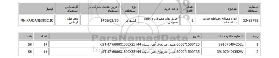 استعلام، انواع مصالح ومقاطع فلزی ساختمان