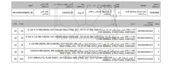 استعلام، انواع مصالح ومقاطع فلزی ساختمان