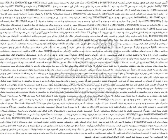 آگهی مزایده ششدانگ اعیان پلاک ثبتی شماره 12886 ( دوازده هزار و هشتصد و هشتاد و شش ) فرعی از 531