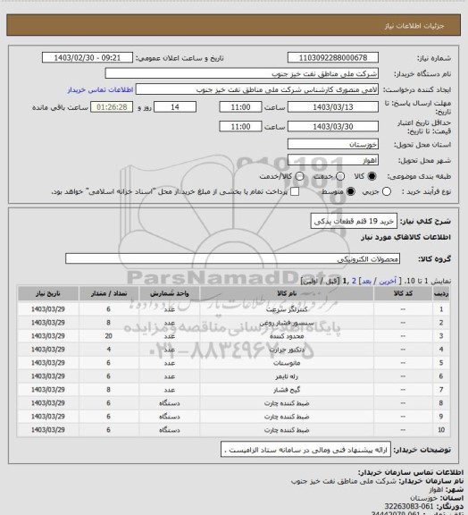 استعلام خرید 19 قلم قطعات یدکی