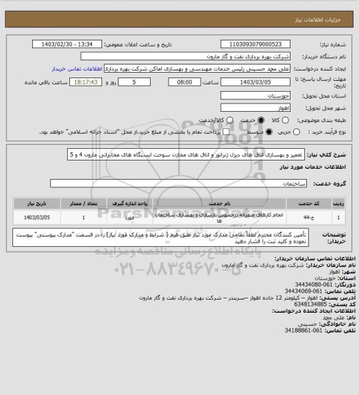 استعلام تعمیر و بهسازی اتاق های دیزل ژنراتور و اتاق های مخازن سوخت ایستگاه های مخابراتی مارون 4 و 5