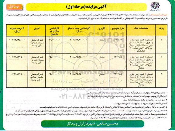  مزایده فروش سه قطعه زمین با کاربری صنعتی 