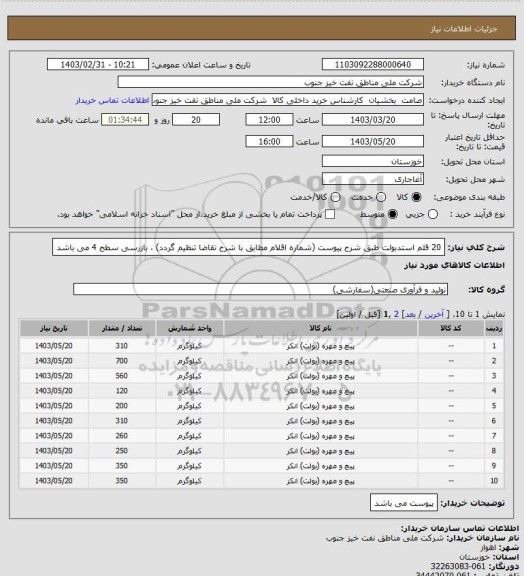 استعلام 20 قلم استدبولت طبق شرح پیوست  (شماره اقلام مطابق با شرح تقاضا تنظیم گردد) ، بازرسی سطح 4 می باشد