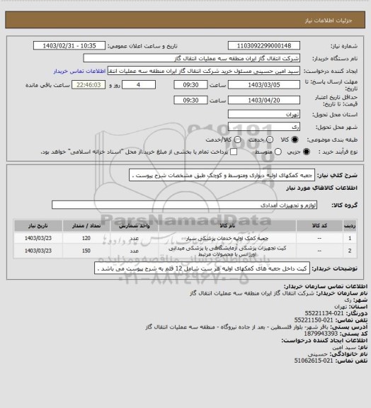 استعلام جعبه کمکهای اولیه دیواری ومتوسط و کوچک طبق مشخصات شرح پیوست .