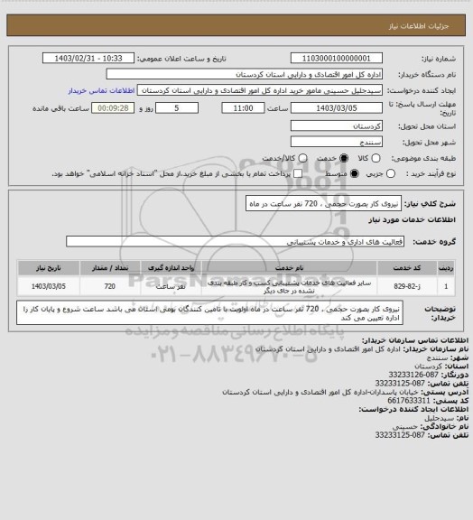 استعلام نیروی کار بصورت حجمی ، 720 نفر ساعت در ماه