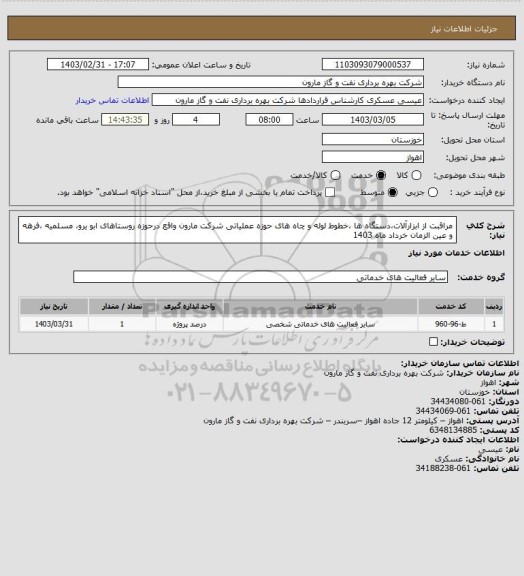 استعلام مراقبت از ابزارآلات،دستگاه ها ،خطوط لوله و چاه های حوزه عملیاتی شرکت مارون واقع درحوزه روستاهای ابو یرو، مسلمیه ،فرهه و عین الزمان خرداد ماه 1403