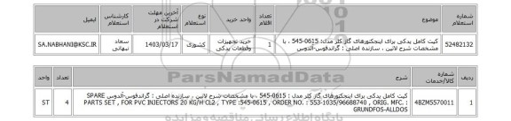 استعلام، کیت کامل یدکی برای اینجکتورهای گاز کلر مدل: 0615-545 ، با مشخصات شرح لاتین ، سازنده اصلی : گراندفوس-آلدوس