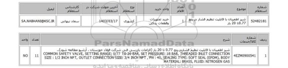 استعلام، شیر اطمینان با قابلیت تنظیم فشار در رنج 0.77تا 20 بار