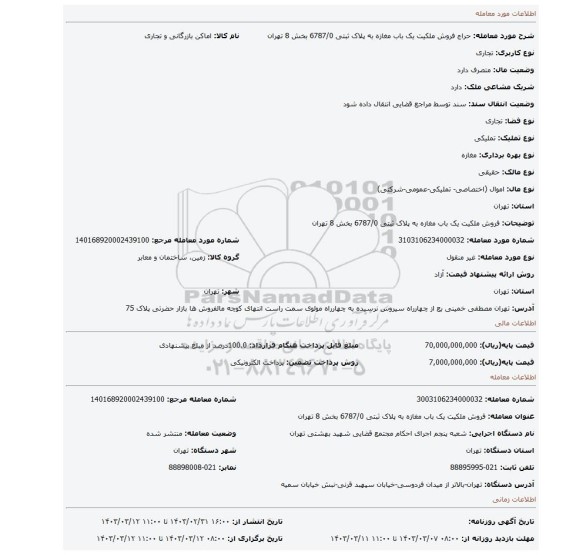 فروش ملکیت یک باب مغازه به پلاک ثبتی 6787/0 بخش 8 تهران