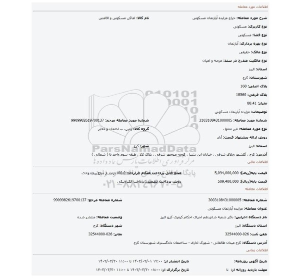 مزایده آپارتمان مسکونی