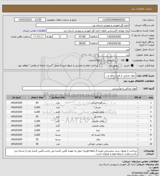 استعلام مواد غذایی از قبیل:چای و...