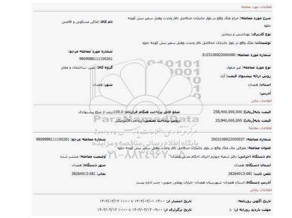 ملک واقع در بلوار جانبازان حدفاصل تالار وحدت وهتل سفیر نبش کوچه جلوه