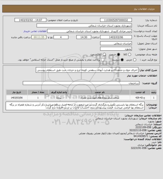 استعلام اجرای جوی و جدول کانیو هدایت آبهای سطحی کوچه ایرج و خیابان جنت طبق استعلام پیوستی