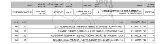 استعلام، UNION DIAMETER:22MM-MAT:S.STEEL(316L) SWAGELOK TUV/K010/17