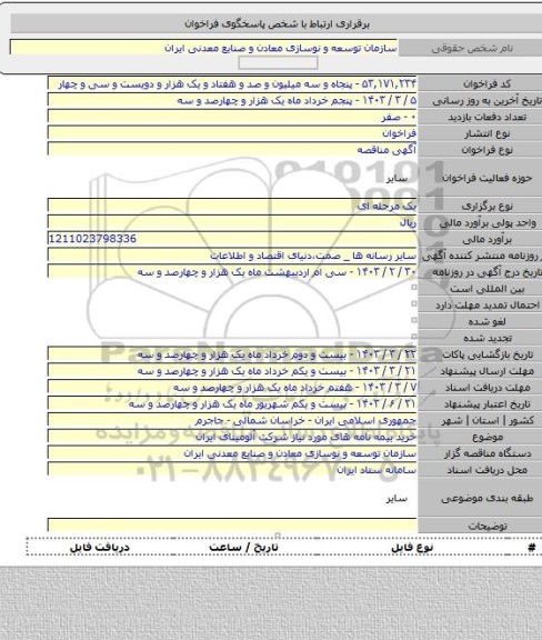 مناقصه, خرید بیمه نامه های مورد نیاز شرکت آلومینای ایران