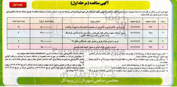 مناقصه آواربرداری ، خاکبرداری و خاکریزی در محدوده ناحیه یک.....