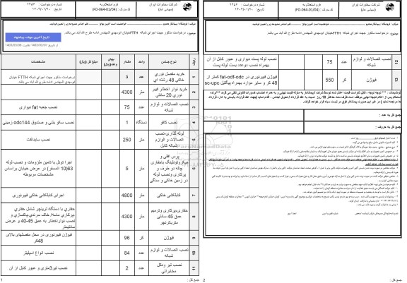 استعلام اجرای شبکه FTTH خیابان...