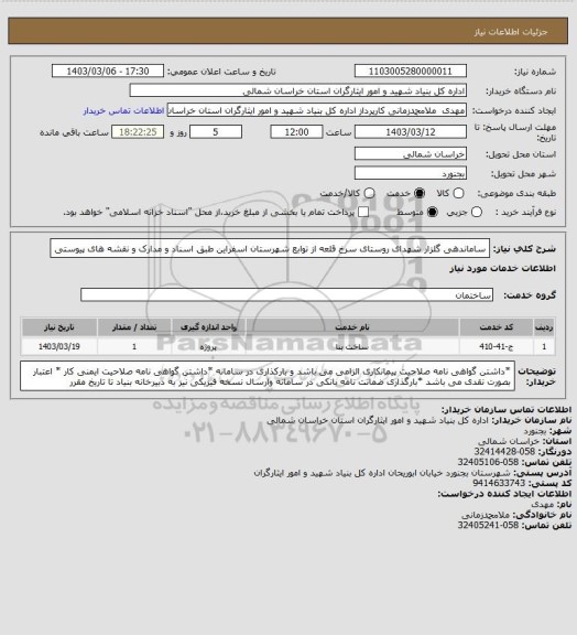 استعلام ساماندهی گلزار شهدای روستای سرخ قلعه از توابع شهرستان اسفراین طبق اسناد و مدارک و نقشه های پیوستی