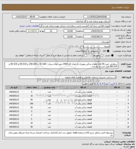 استعلام سفازش خرید 35 قلم قطعات یدکی پمپیران  به تعداد کل 1465 پمپ های سری : 160-32 و 200-150  و 315-50  و 315-40  و 315-80  طبق لیست پیوست