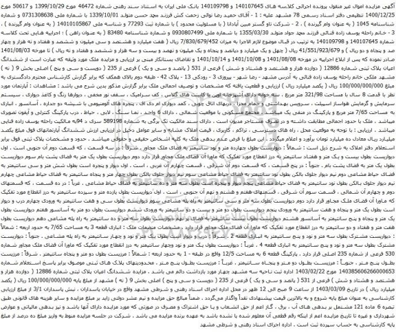 آگهی مزایده ششدانگ اعیان پلاک ثبتی شماره 12886 ( دوازده هزار و هشتصد و هشتاد و شش ) فرعی از 531 