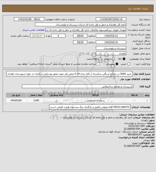 استعلام خرید 3000 تن مصالح سنگی شکسته با دانه بندی 19-0 میلی متر جهت محور روستایی درگیابان در حوزه شهرستان زاهدان