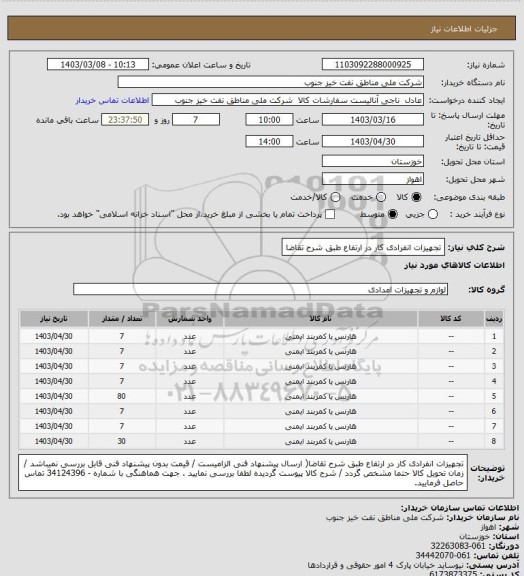 استعلام تجهیزات انفرادی کار در ارتفاع طبق شرح تقاضا