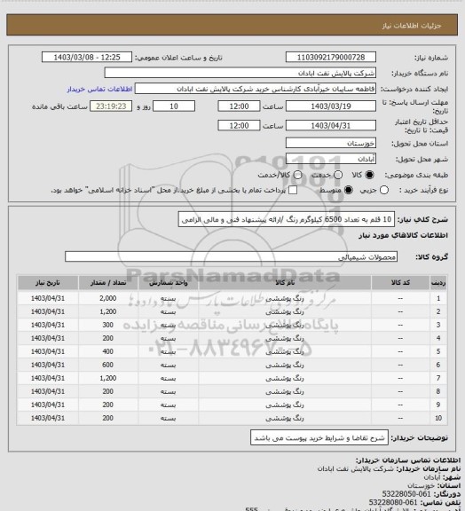 استعلام 10 قلم به تعداد 6500 کیلوگرم رنگ /ارائه پیشنهاد فنی و مالی الزامی