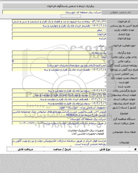 مزایده, فروش۶۱تن هسته(بوبین مسی)ترانسفورماتورهای ضایعاتی ویک مجموعه ماشین کشش فاین۴سیمه مارک HENRICH