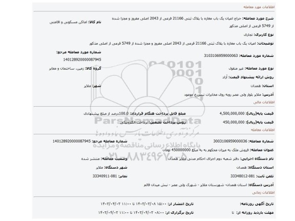 اعیان یک باب مغازه با پلاک ثبتی 21166 فرعی از 2043 اصلی مفروز و مجزا شده از 5749 فرعی از اصلی مذکور