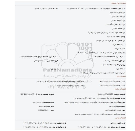 فروش ملک  مشاع به پلاک ثبتی 2/12803 بابت محکوم به