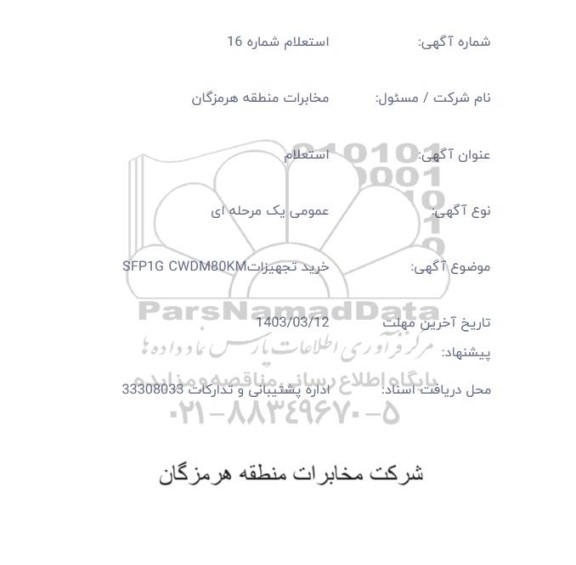 استعلام خرید تجهیزات SFP1G CWDM80KM