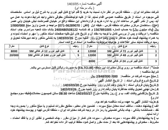 مناقصه خرید 5 قلم انواع کابل فیبر نوری