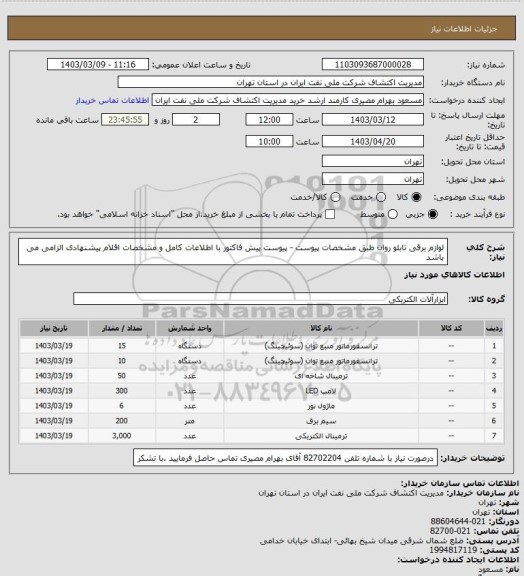 استعلام لوازم برقی تابلو روان طبق مشخصات پیوست - پیوست پیش فاکتور با اطلاعات کامل و مشخصات اقلام پیشنهادی الزامی می باشد