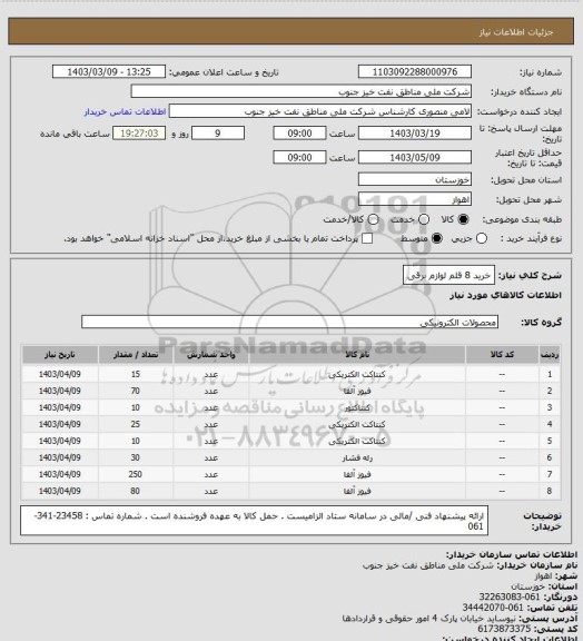 استعلام خرید 8 قلم لوازم برقی