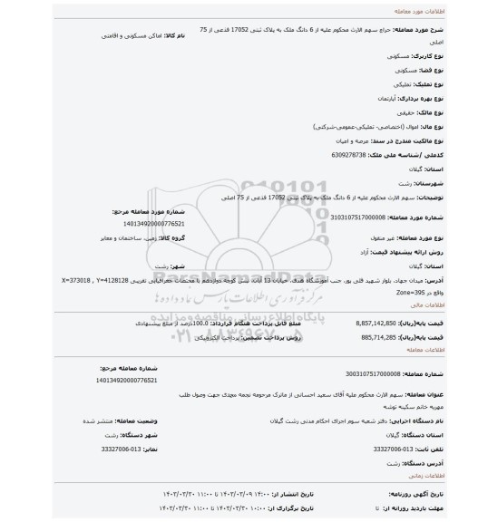 سهم الارث محکوم علیه از 6 دانگ ملک به پلاک ثبتی 17052 فذعی از 75 اصلی