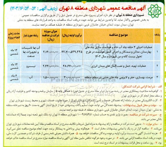 مناقصه عملیات احیای 3 حلقه چاه آب خام و هوشمندسازی ...